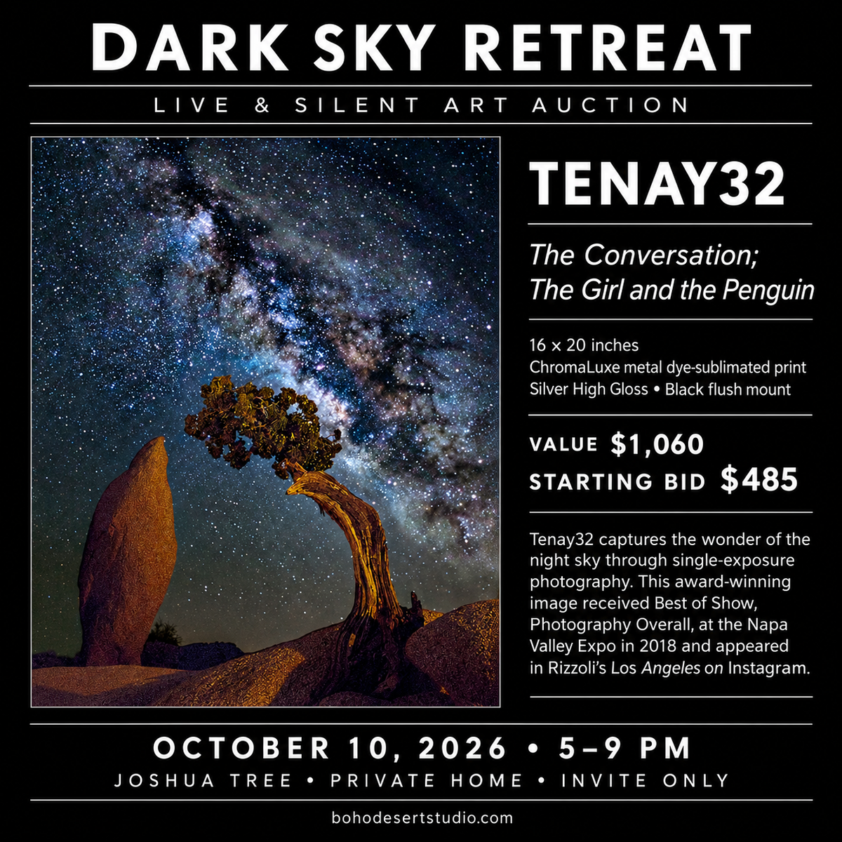 Dark Sky Event Tenay32 "Joshua Tree and Stars" photography on metal Start $485 Value 1060