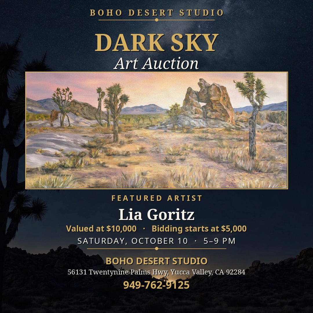 Lia Goritz — "Untitled (Desert Landscape)" · *Featured Artist, Dark Sky Auction*  Size TBD · Oil on Canvas · Value $10,000 · Starting bid $4,000
