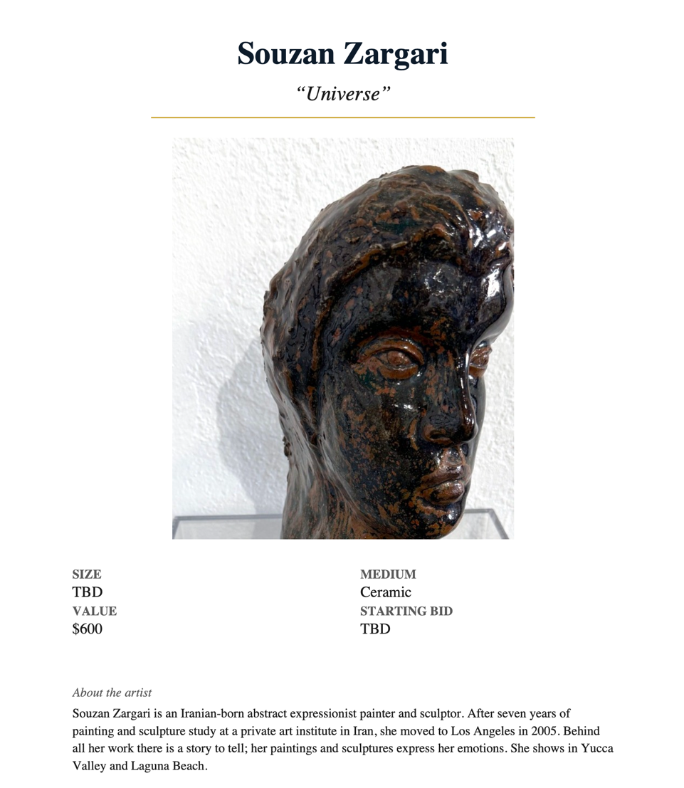 Souzan Zargari — "Universe"  Size TBD · Ceramic · Value $600 · Starting bid $200