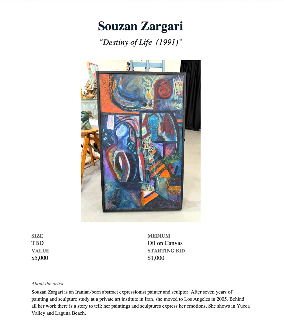 Souzan Zargari — "Destiny of Life" (1991)  Size TBD · Oil on Canvas · Value $5,000 · Starting bid $1,000