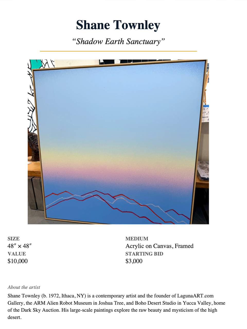 Shane Townley — "Shadow Earth Sanctuary"**  48″ × 48″ · Acrylic on Canvas, Framed · Value $10,000 · Starting bid $3,000