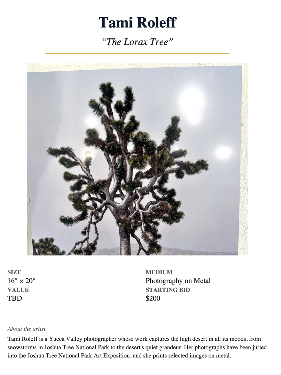 Tami Roleff — "The Lorax Tree"**  16″ × 20″ · Photography on Metal · Value TBD · Starting bid $200